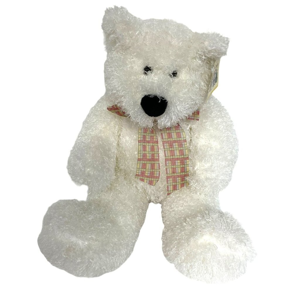 Animal Adventure Plush Bear Unisex 16" White Curly Hair Plaid Ribbon Cuddle Zone